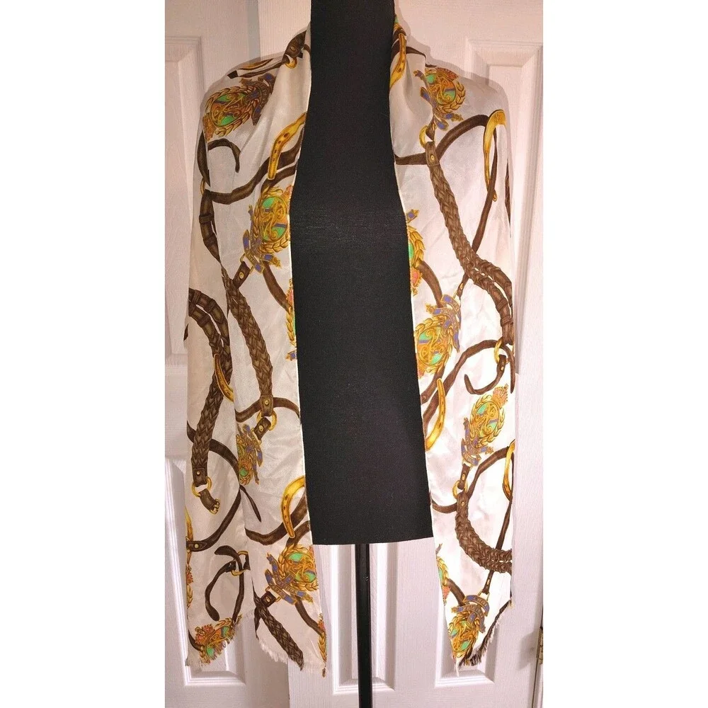 Vintage Ralph Lauren Equestrian Silk Oblong Scarf Crest Horseshoes Fringed
